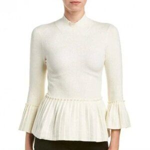 Ted Baker Lislie Pleated Ribbed Peplum Sweater Womens 1 Beige Pullover crew